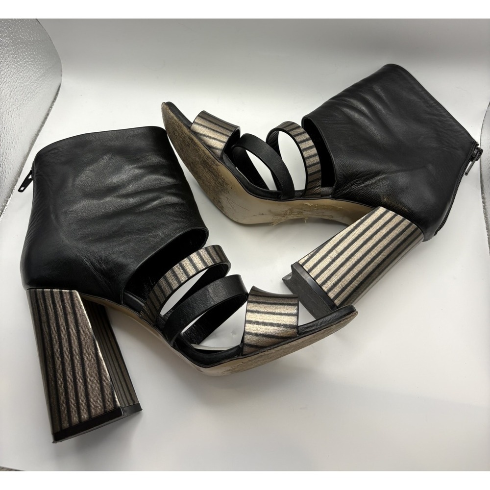 Giampaolo‎ Viozzi Black Leather Metallic Striped Cage Block Heel Sandals EU 37